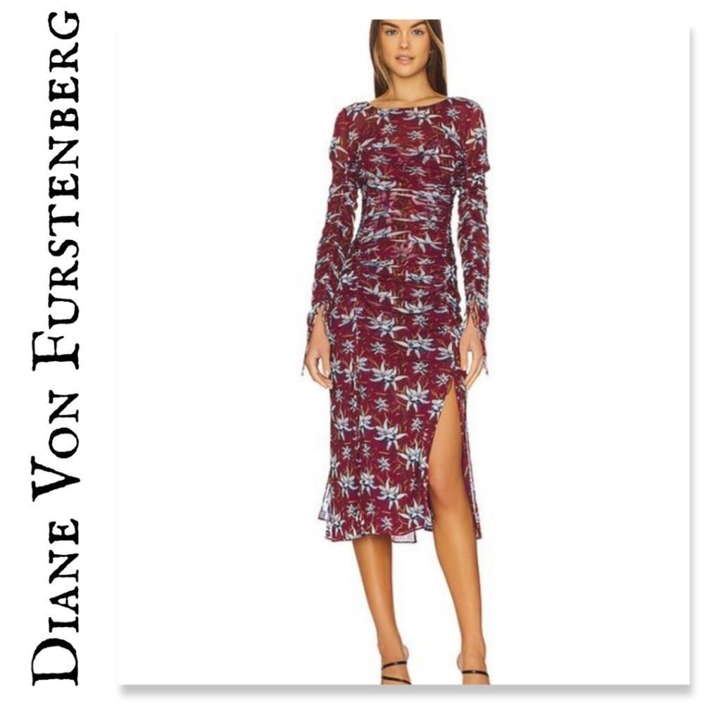 Nwt Diane Von Furstenburg Corinne Ruched Mesh Midi Dressin Harlow Small Wine
